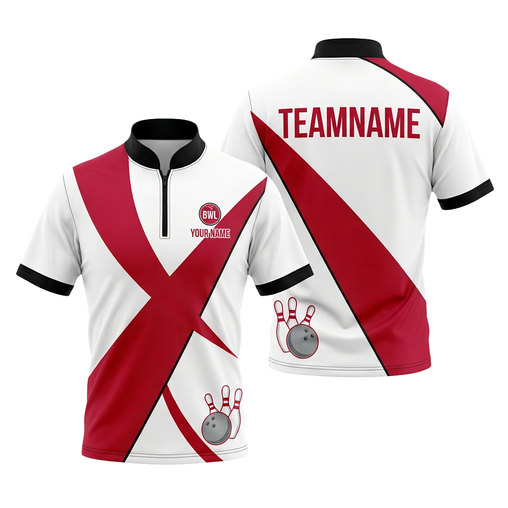 Custom White & Crimson Bowling Polo Shirt | Personalized Team Name 3D Printed Bowling Jersey