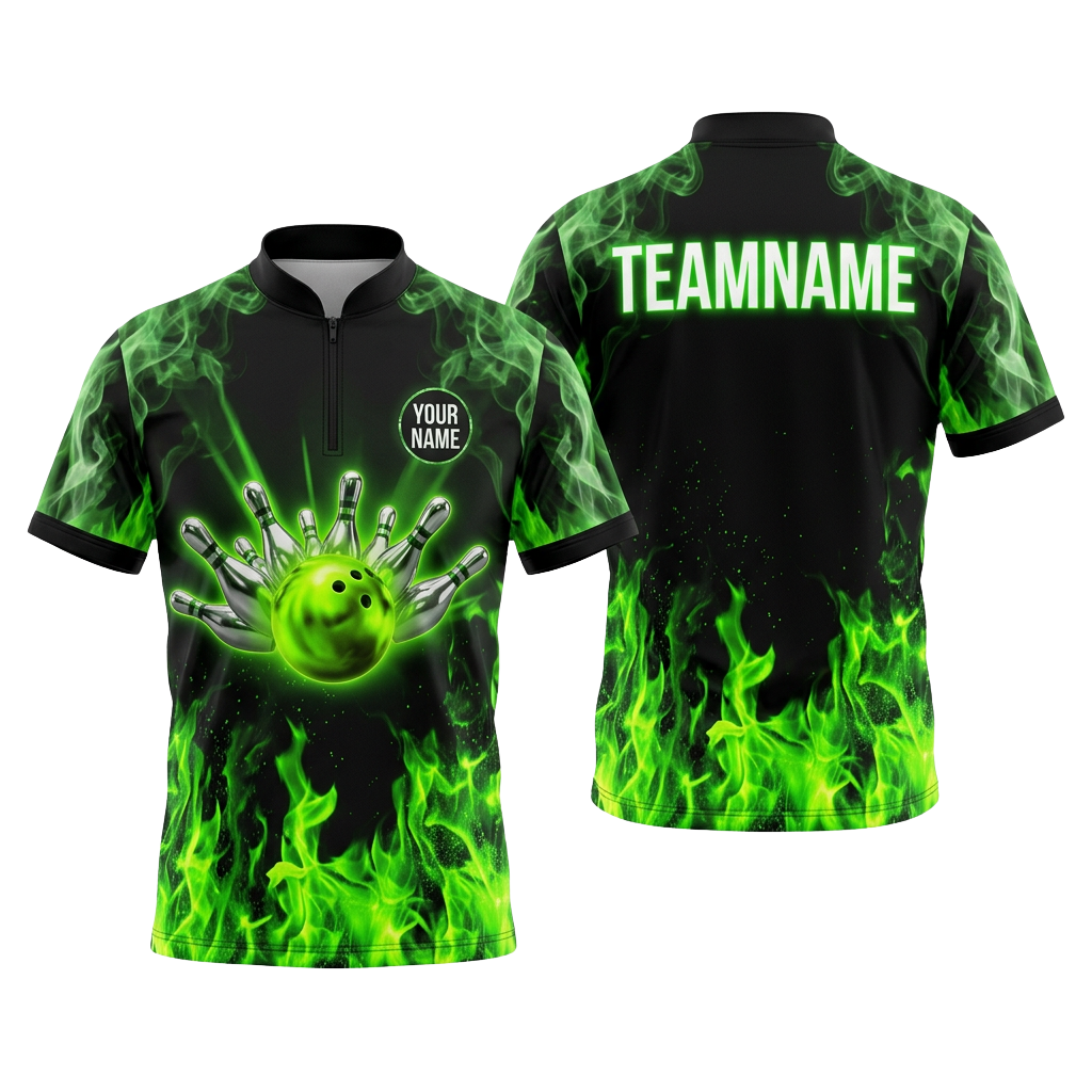 Custom Green Flame Bowling Polo Shirt | Personalized Team Name 3D Printed Bowling Jersey