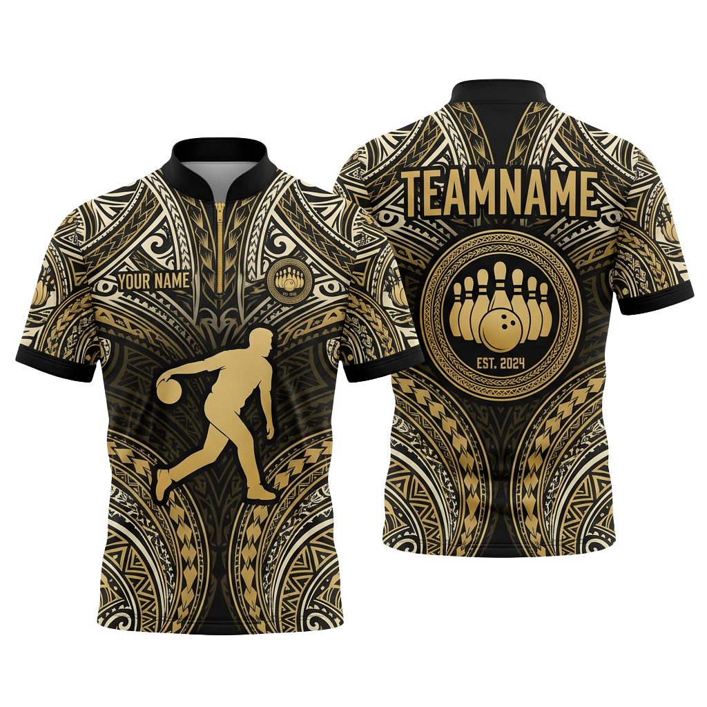 Custom Gold Tribal Bowling Polo Shirt | Personalized Team Name 3D Printed Bowling Jersey