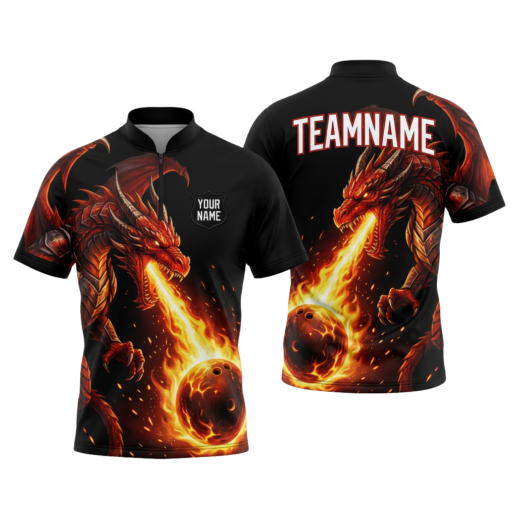 Custom Fire Dragon Bowling Polo Shirt | Personalized Team Name 3D Printed Bowling Jersey