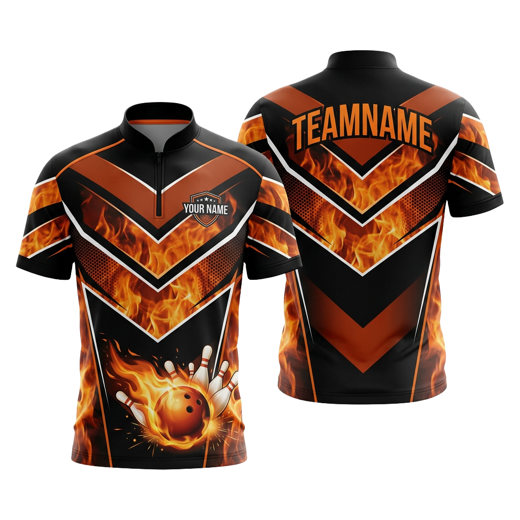 Custom Orange Flame Chevron Bowling Polo Shirt | Personalized Team Name 3D Printed Bowling Jersey