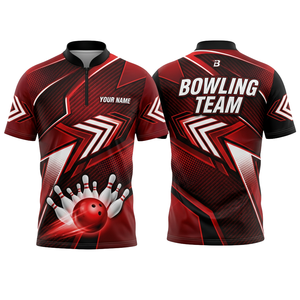 Custom Red Chevron Bowling Polo Shirt | Personalized Team Name 3D Printed Bowling Jersey