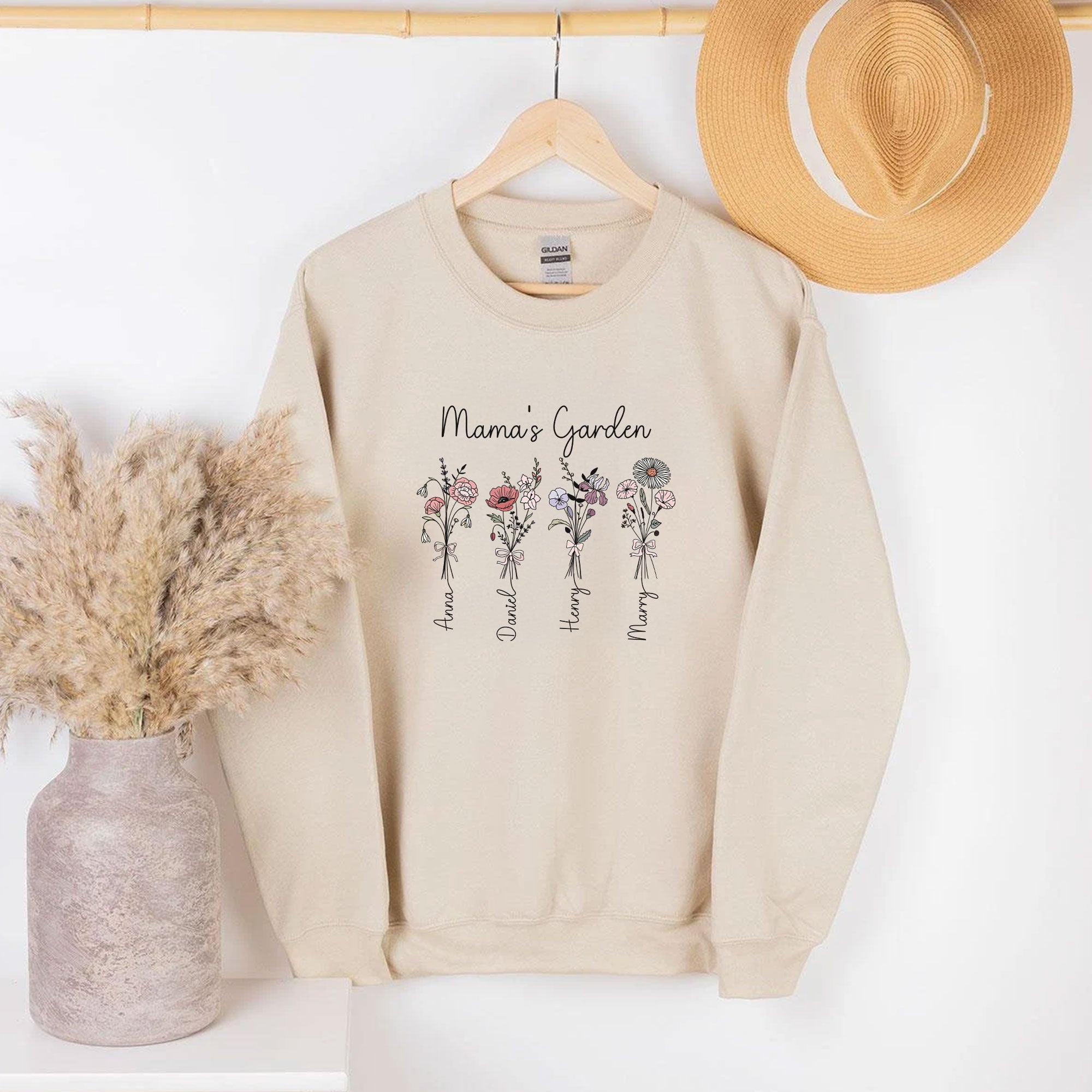 Personalized Birth Flower Kids Names Sweatshirt | Custom Mom’s Garden Floral Hoodie | Mother’s Day Gift for Mom, Grandma - detail view, custom embroidered by Intriklo