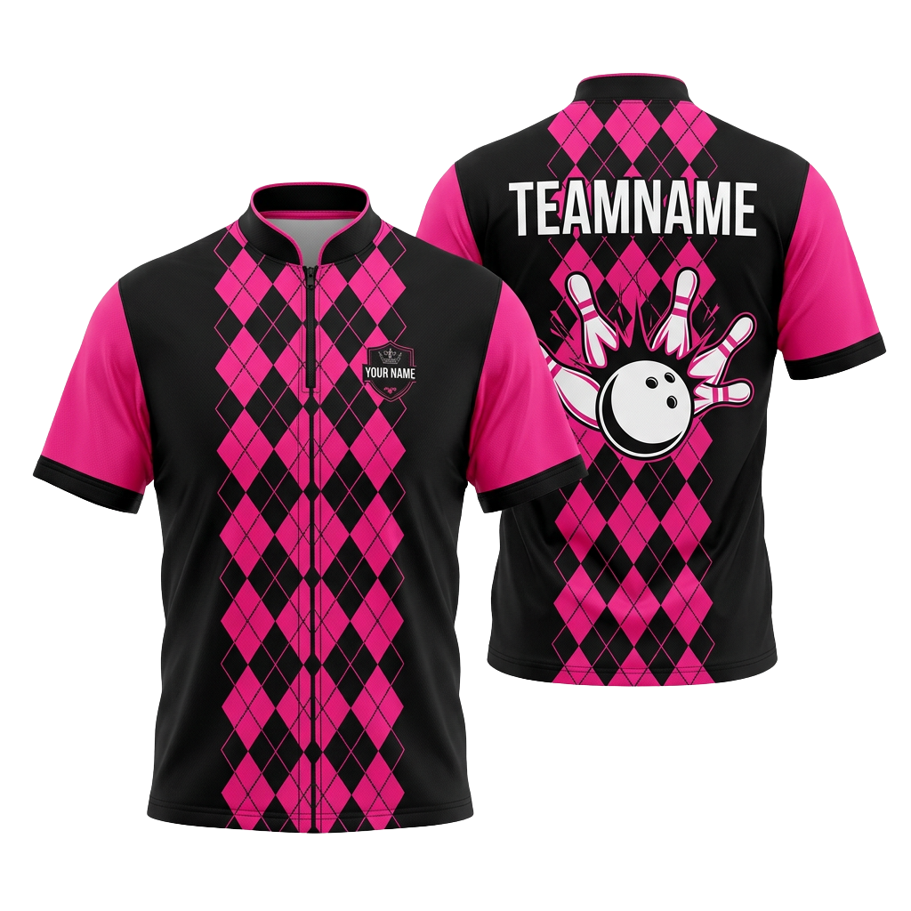 Custom Pink Argyle Bowling Polo Shirt | Personalized Team Name 3D Printed Bowling Jersey