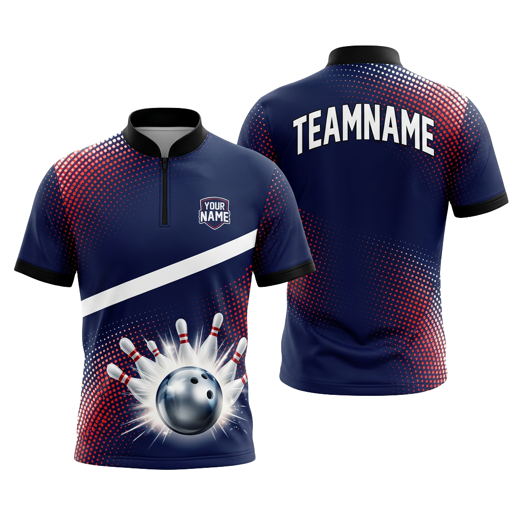 Custom Navy Red Dot Bowling Polo Shirt | Personalized Team Name 3D Printed Bowling Jersey
