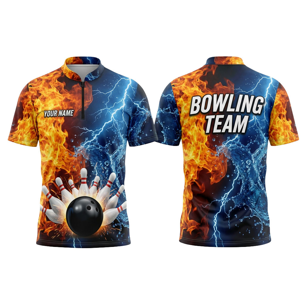 Custom Fire & Water Bowling Polo Shirt | Personalized Team Name 3D Printed Bowling Jersey