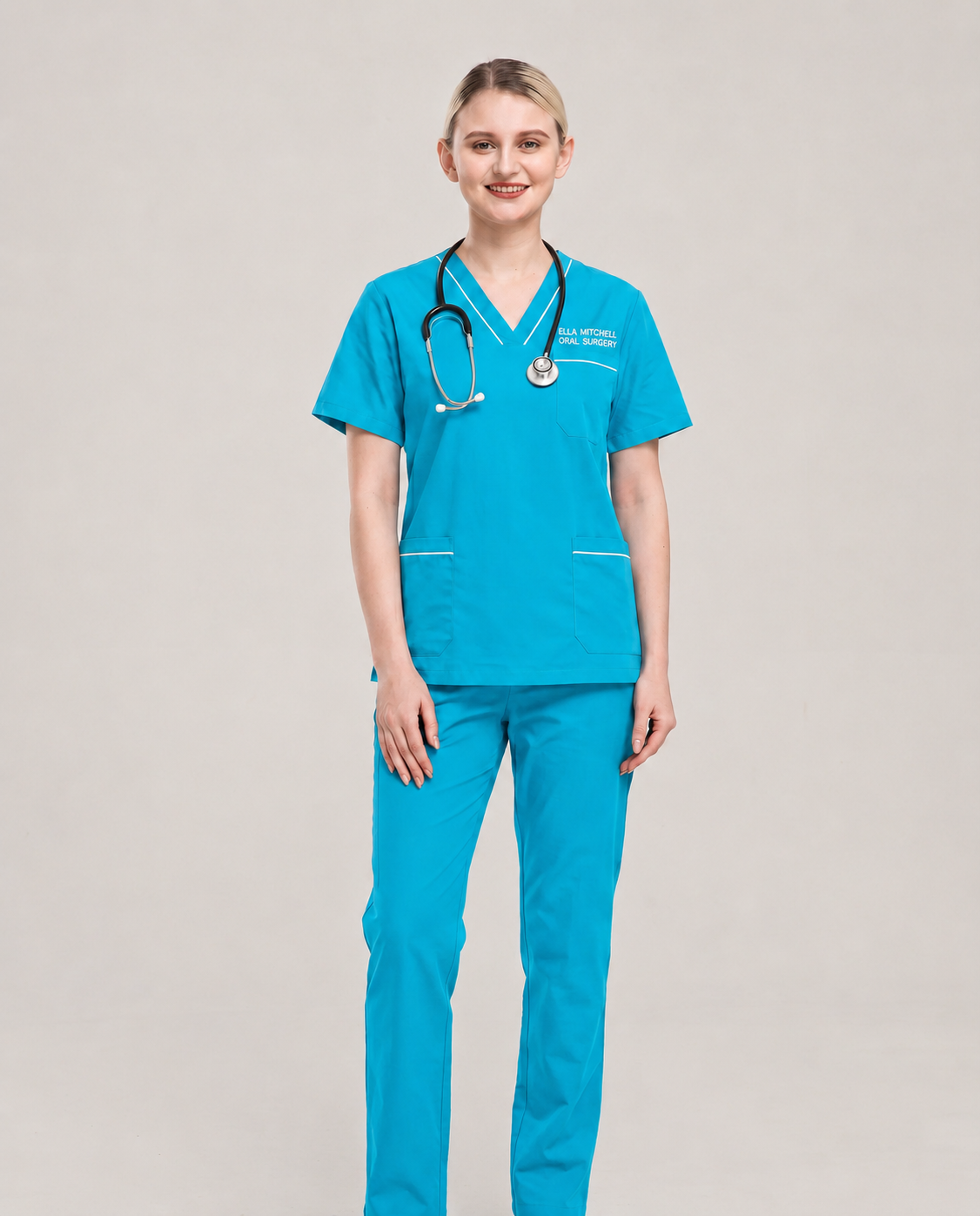 Custom Embroidered Unisex Scrub Set with Contrast Trim – V-Neck Oral Surgery Uniform