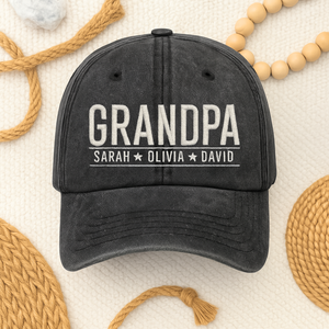 Personalized Embroidered Grandpa Hat with Kids’ Names - front view, custom embroidered apparel by Intriklo
