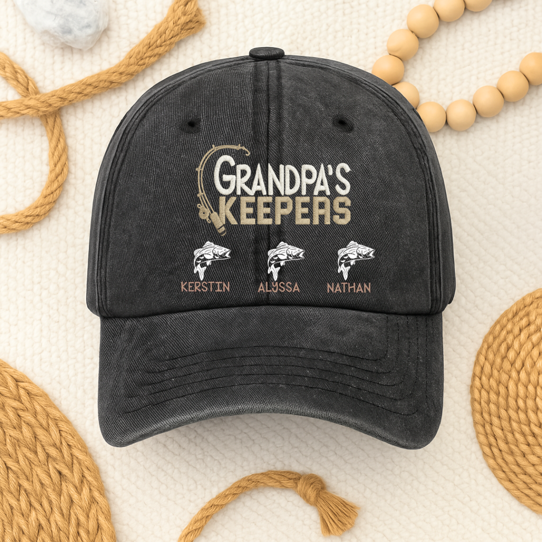 Personalized Grandpa’s Keepers Embroidered Fishing Hat | Custom Dad Cap (Copy) - front view, custom embroidered apparel by Intriklo