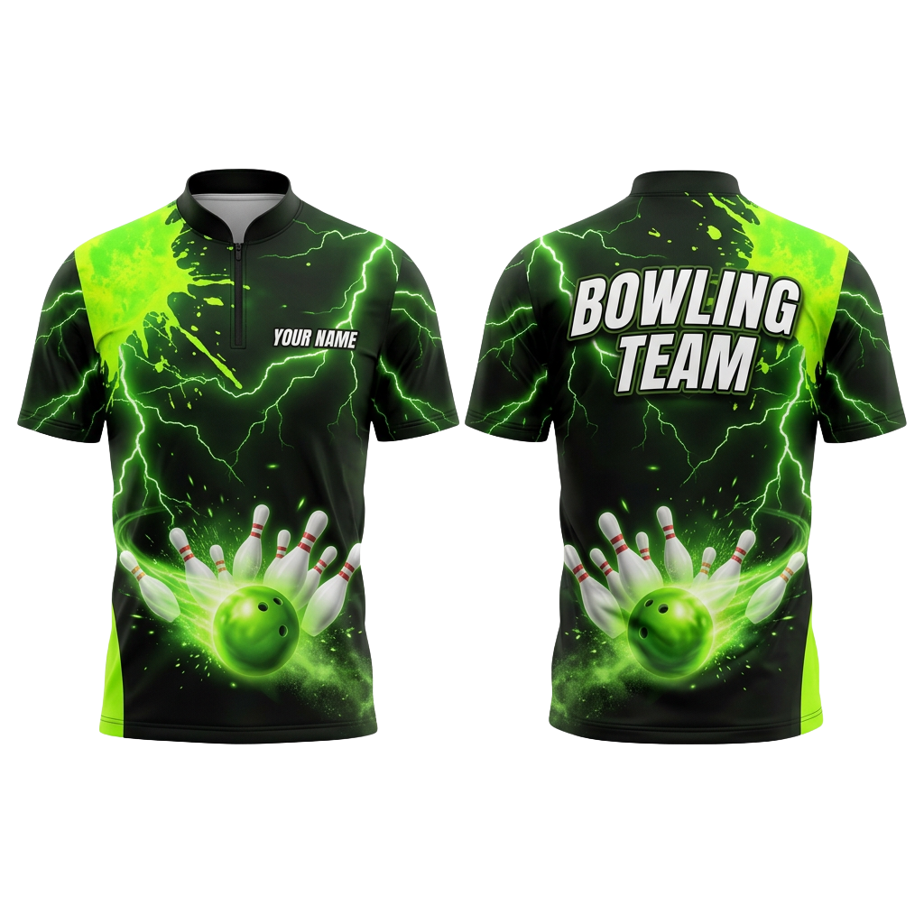 Custom Green Lightning Bowling Polo Shirt | Personalized Team Name 3D Printed Bowling Jersey