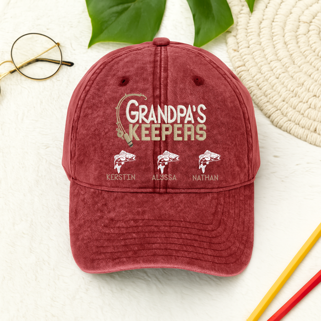 Personalized Grandpa’s Keepers Embroidered Fishing Hat | Custom Dad Cap (Copy) - detail view, custom embroidered by Intriklo