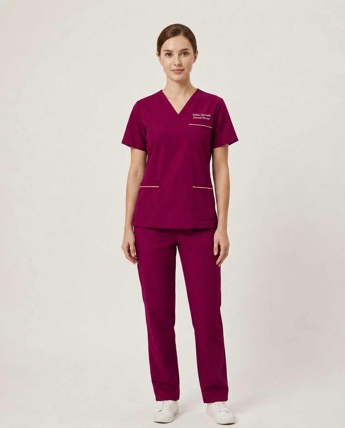 Custom Embroidered Unisex Scrub Set with Contrast Trim – V-Neck Dental Nurse Uniform