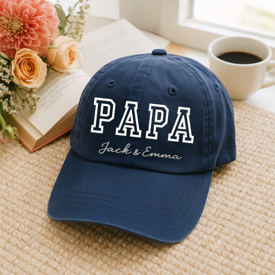 Personalized Embroidered Papa Name Baseball Hat | Custom Dad Cap Gift - front view, custom embroidered apparel by Intriklo