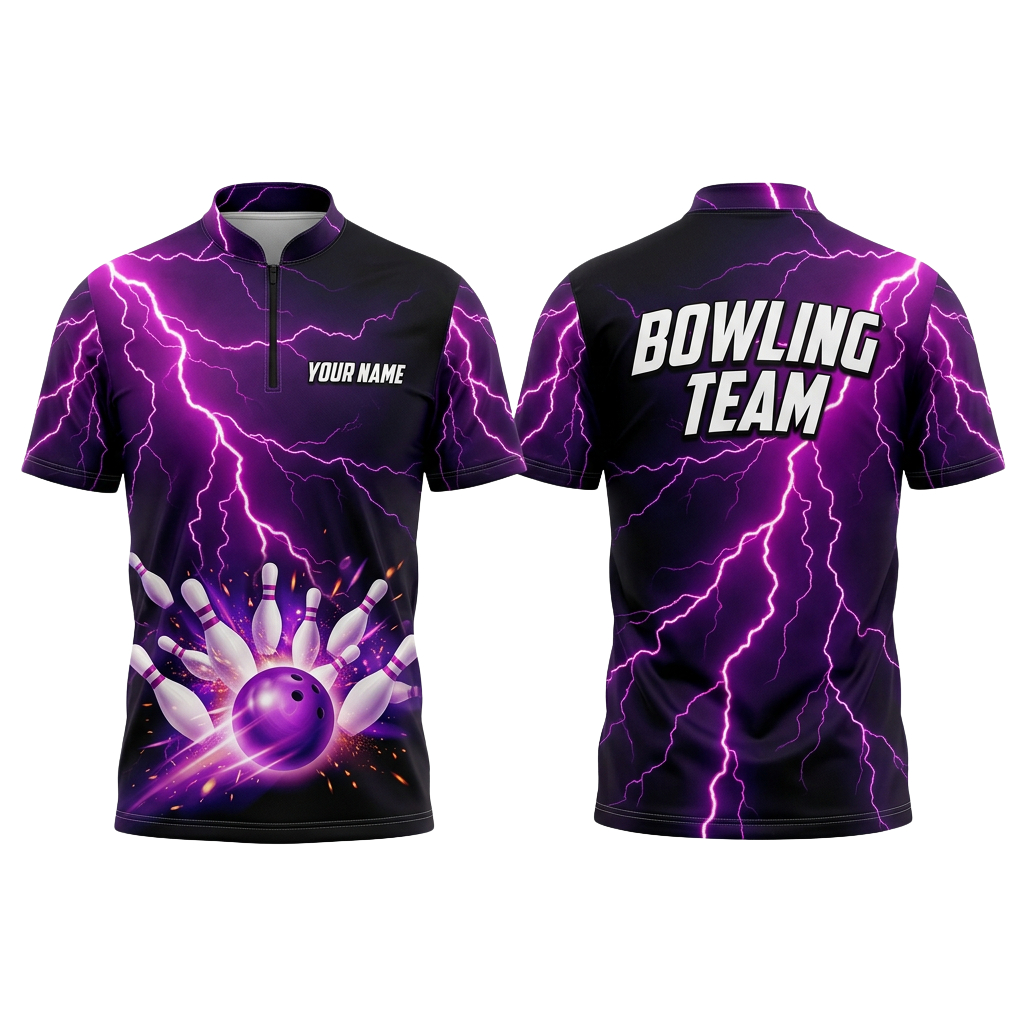 Custom Purple Lightning Bowling Polo Shirt | Personalized Team Name 3D Printed Bowling Jersey