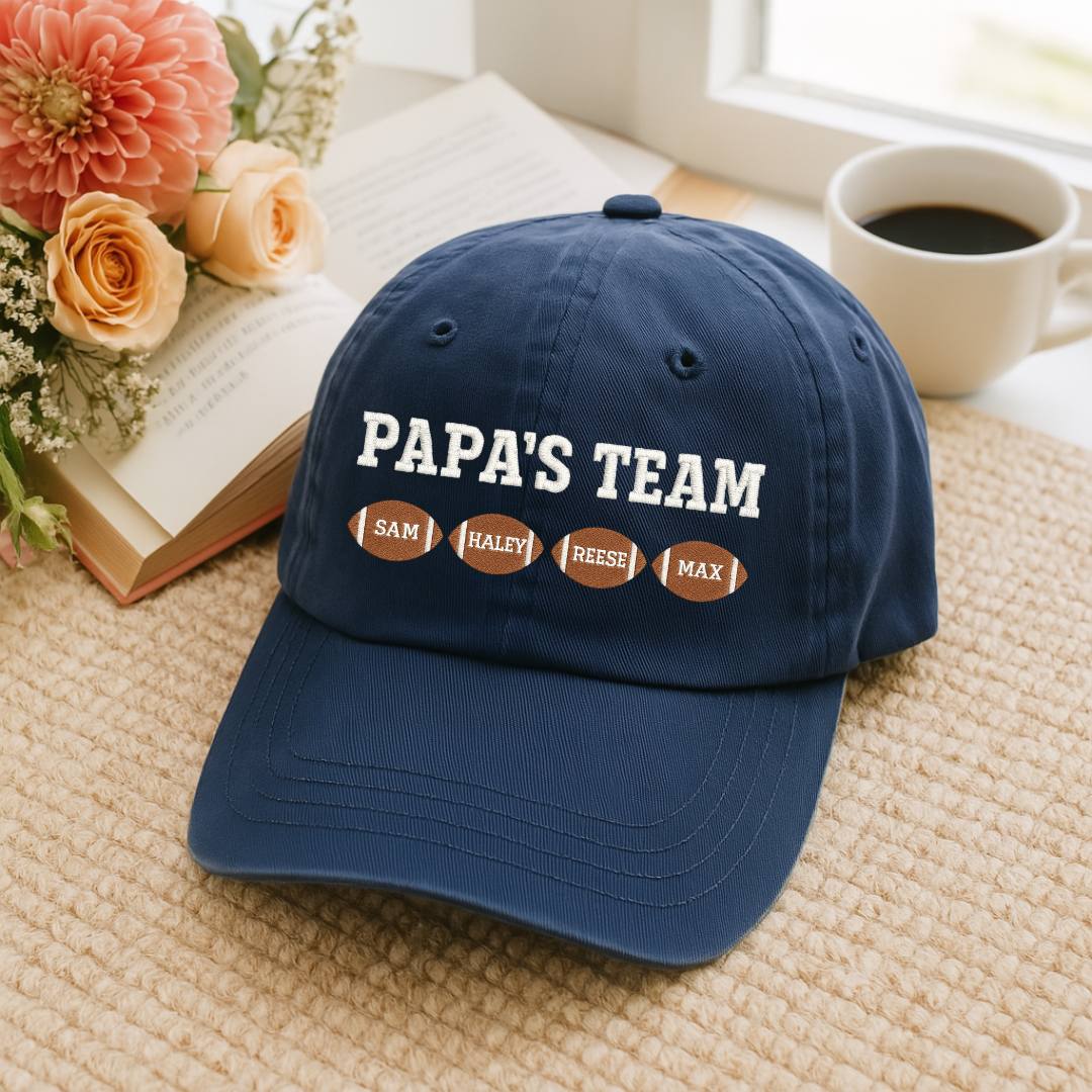 Personalized Papa Team Kids Names Hat | Custom Dad Baseball Cap - front view, custom embroidered apparel by Intriklo