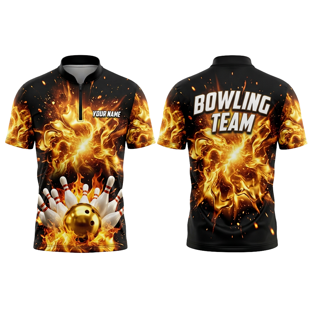 Custom Gold Flame Bowling Polo Shirt | Personalized Team Name 3D Printed Bowling Jersey