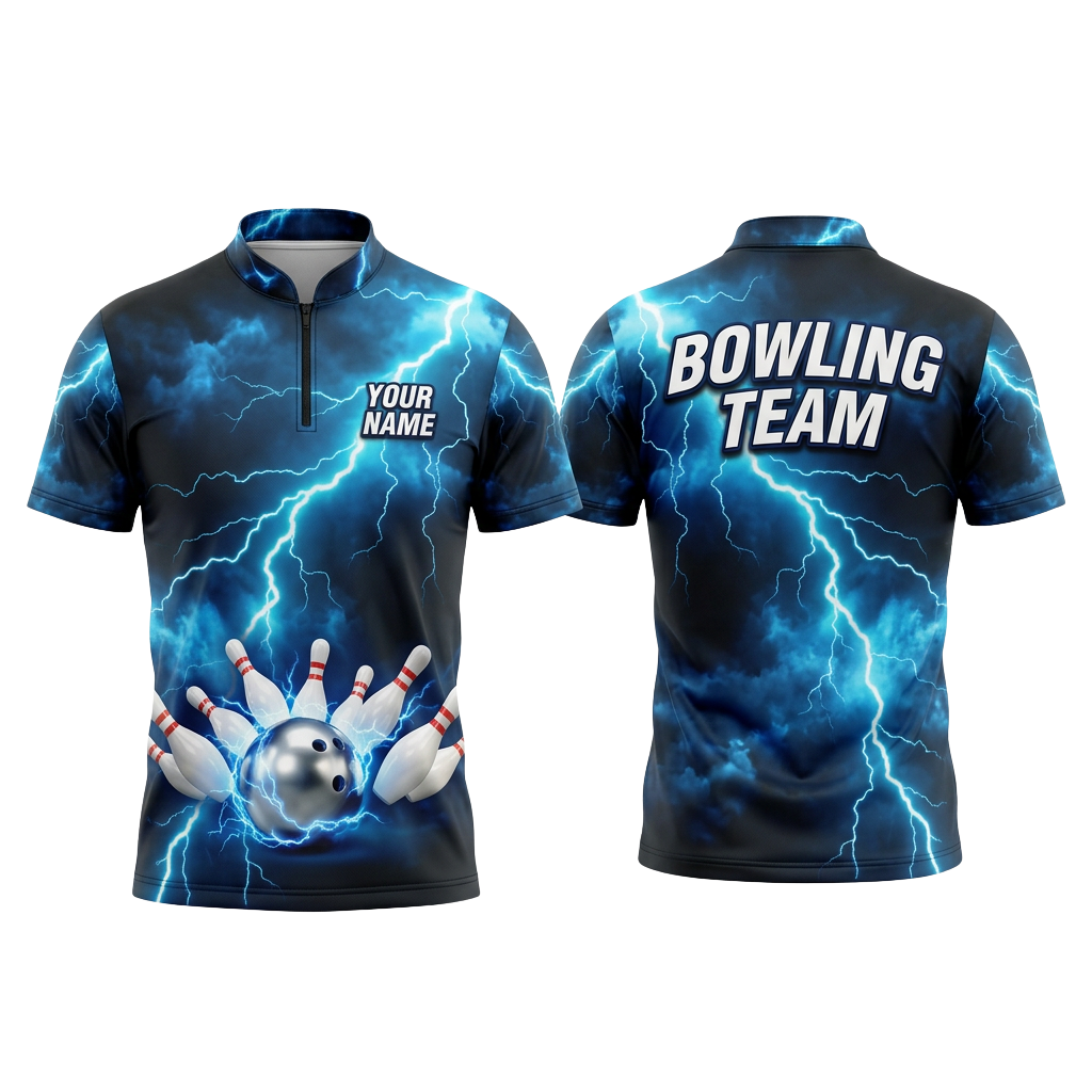 Custom Blue Lightning Storm Bowling Polo Shirt | Personalized Team Name 3D Printed Bowling Jersey