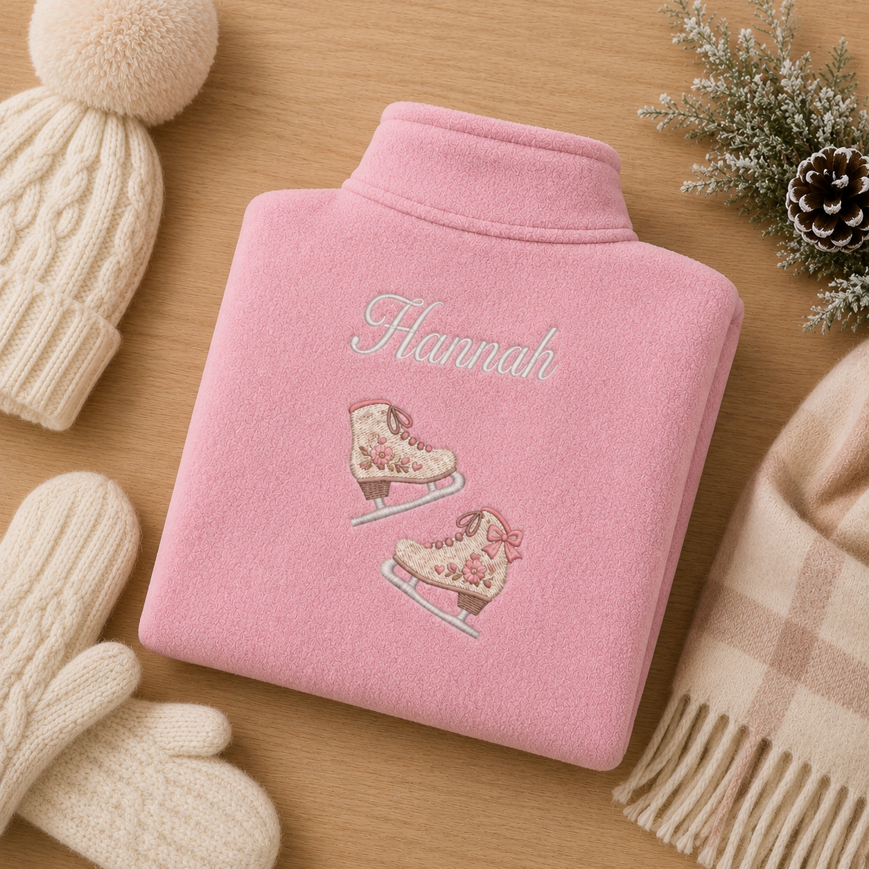 Custom Kids Ice Skating Embroidered Fleece Jacket | Personalized Name Vintage Figure Skates Girls Pink Zip-Up