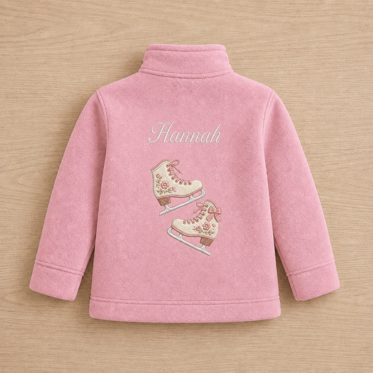 Custom Kids Ice Skating Embroidered Fleece Jacket | Personalized Name Vintage Figure Skates Girls Pink Zip-Up