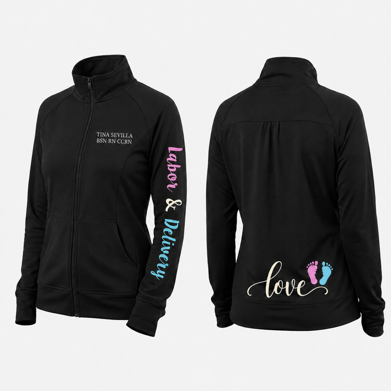 Custom Labor and Delivery Nurse Fleece Jacket | Personalized L&D Baby Feet Love Zip-Up