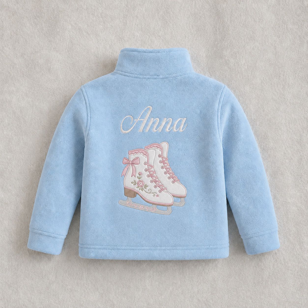 Personalized Girls Ice Skating Fleece Jacket | Custom Name Embroidered Figure Skates Blue Kids Zip-Up