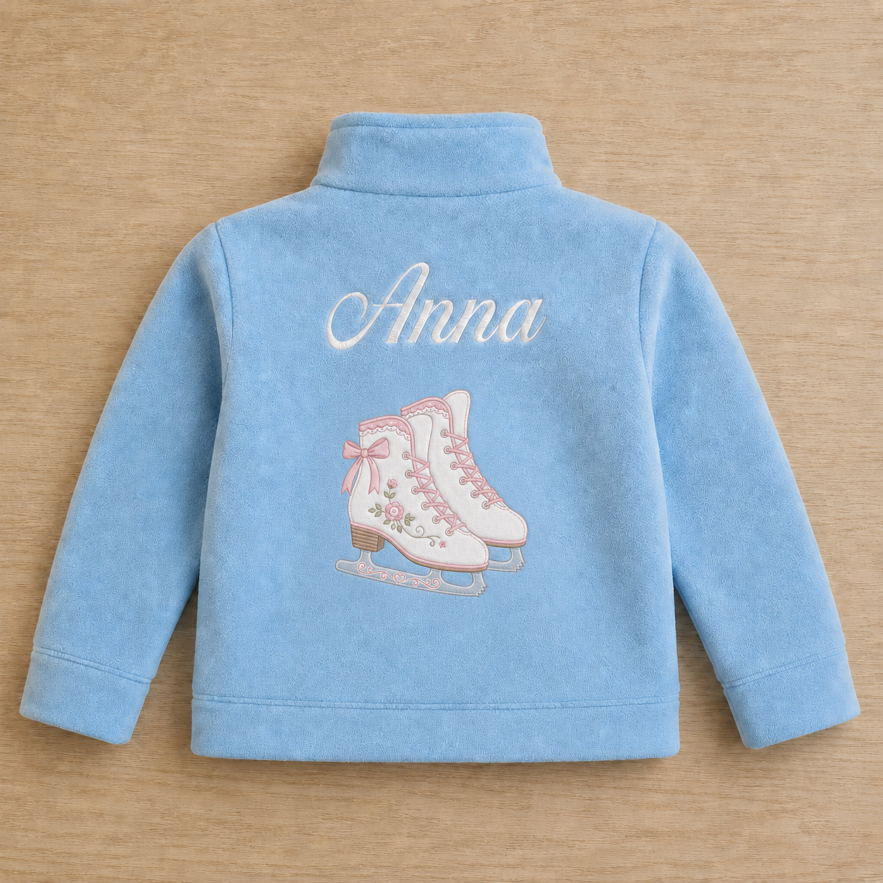 Personalized Girls Ice Skating Fleece Jacket | Custom Name Embroidered Figure Skates Blue Kids Zip-Up