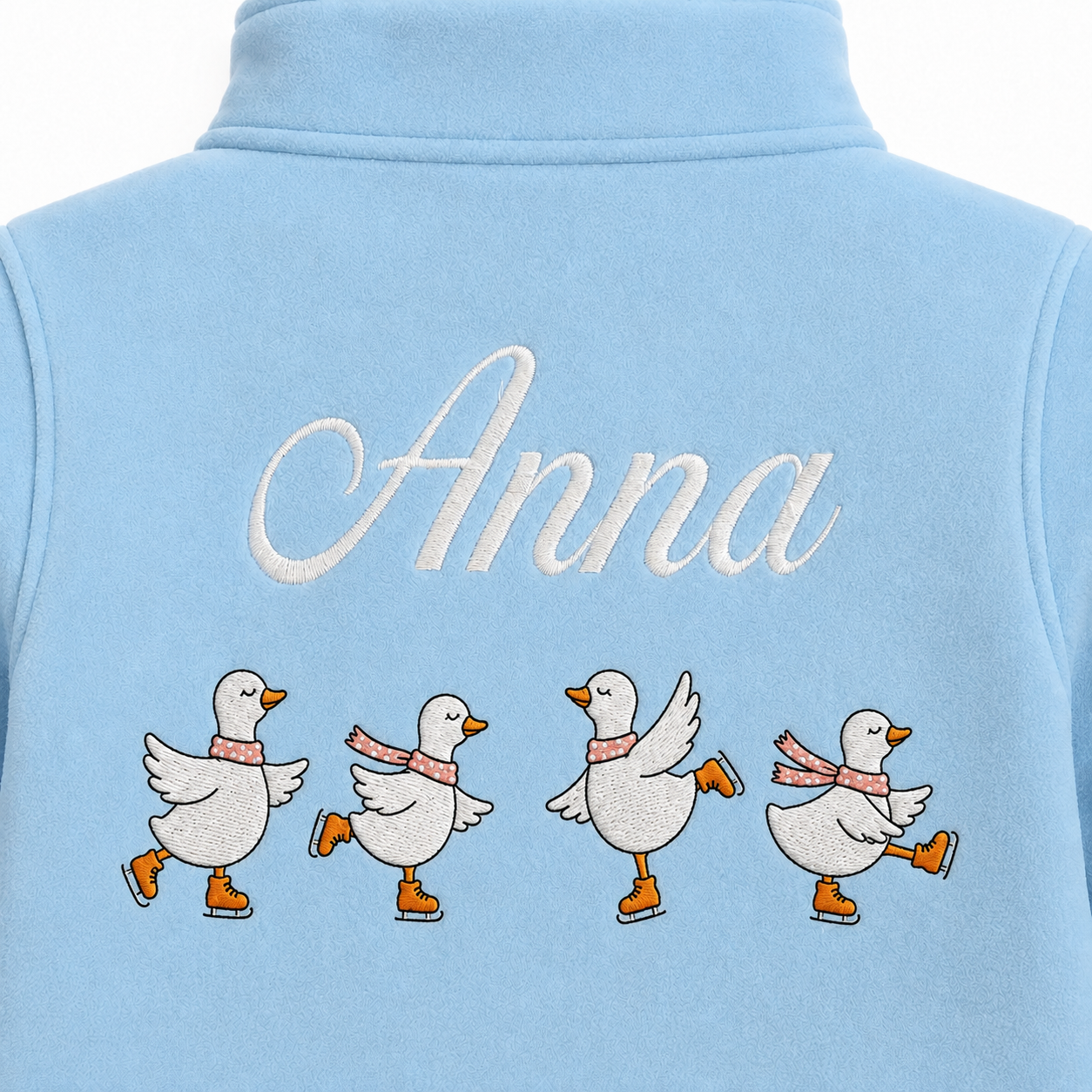 Personalized Kids Skating Geese Fleece Jacket | Custom Name Embroidered Ice Skating Ducks Blue Zip-Up