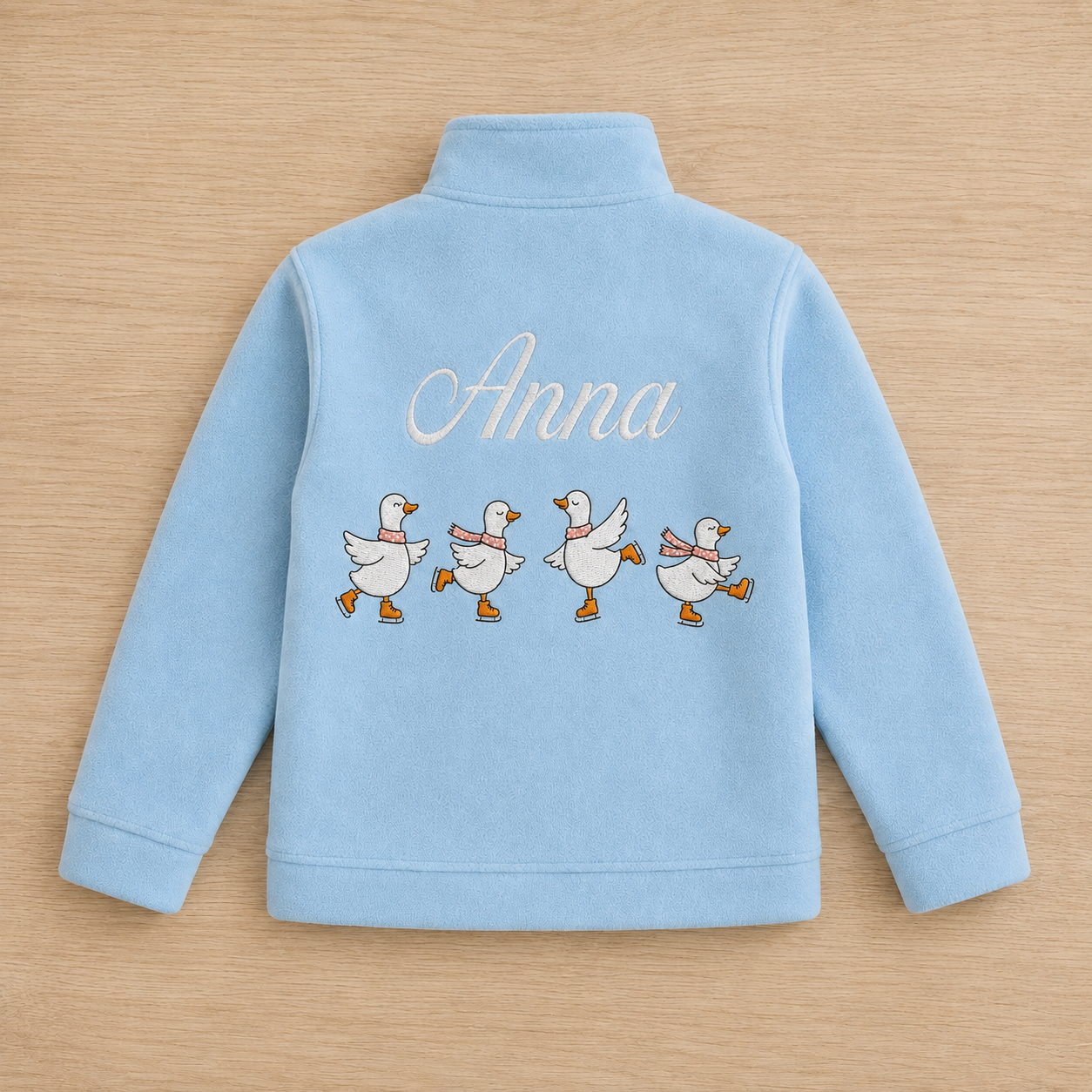 Personalized Kids Skating Geese Fleece Jacket | Custom Name Embroidered Ice Skating Ducks Blue Zip-Up