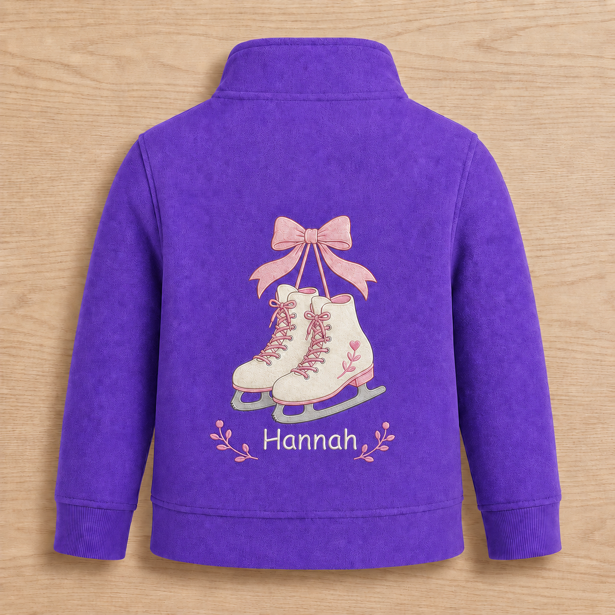 Custom Kids Figure Skating Fleece Jacket | Personalized Name Embroidered Ice Skates Pink Bow Purple Zip-Up