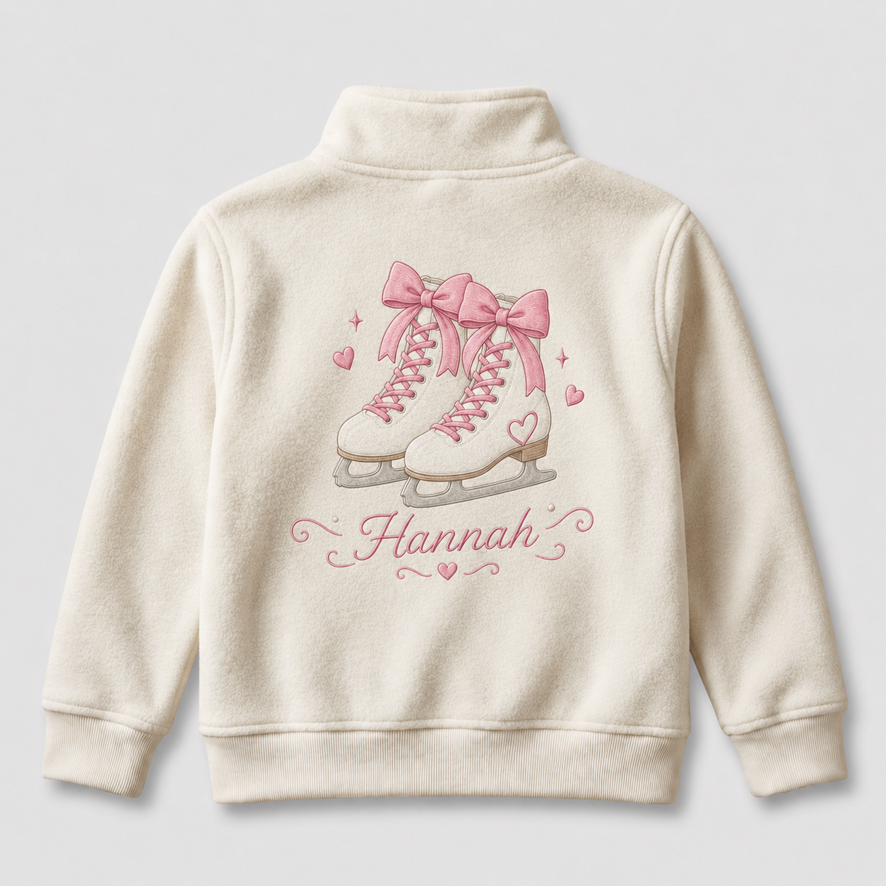 Personalized Kids Ice Skating Fleece Jacket | Custom Name Embroidered Skates Pink Bows Cream Zip-Up