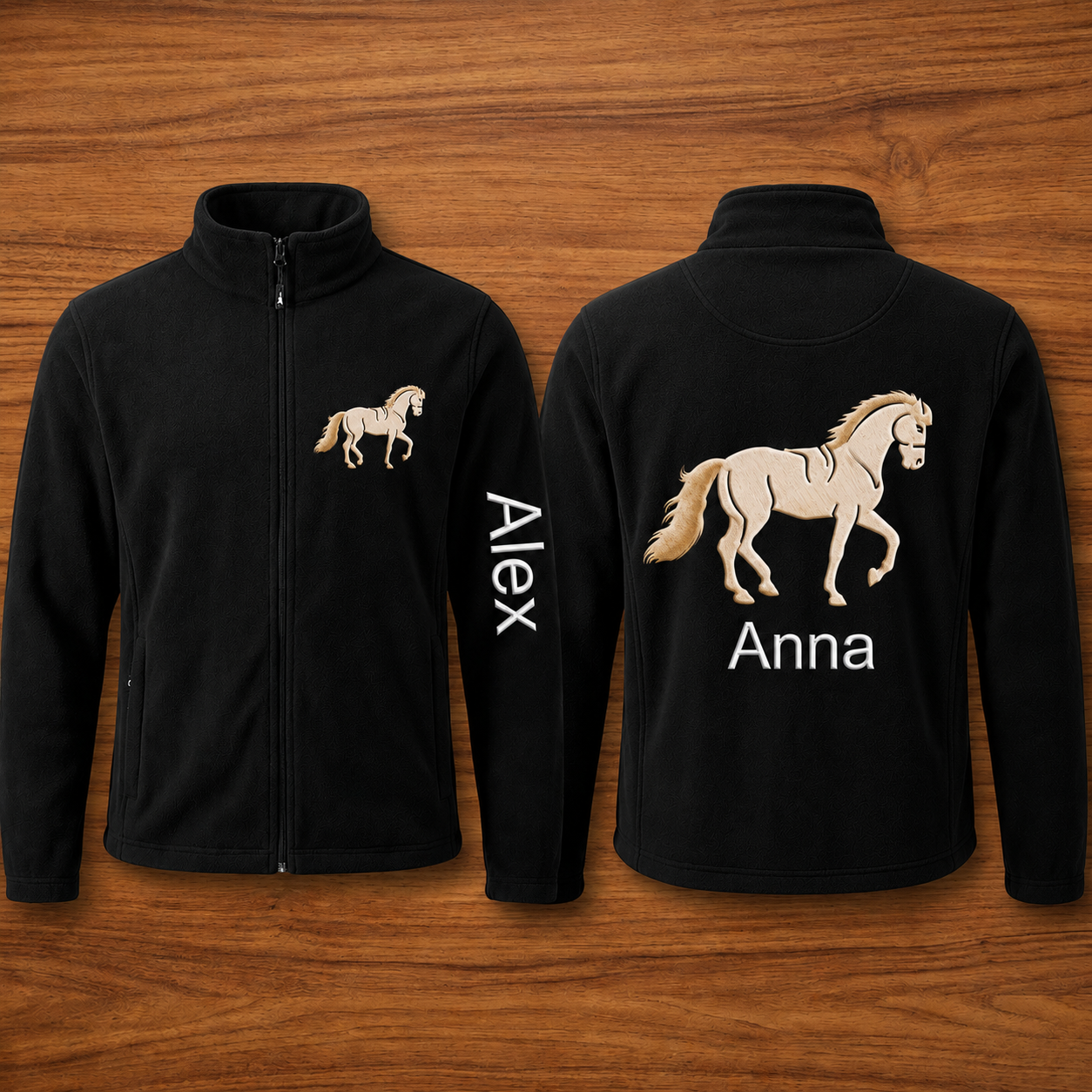 Personalized Horse Embroidered Fleece Jacket | Custom Equestrian Rider Name Zip-Up