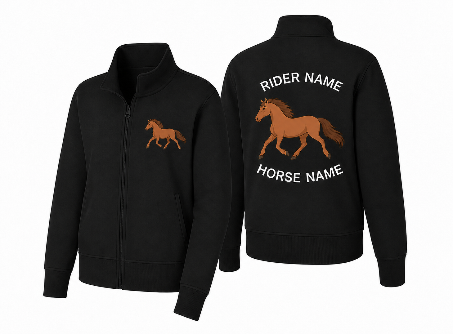 Custom Galloping Horse Embroidered Fleece Jacket | Personalized Rider & Horse Name Zip-Up