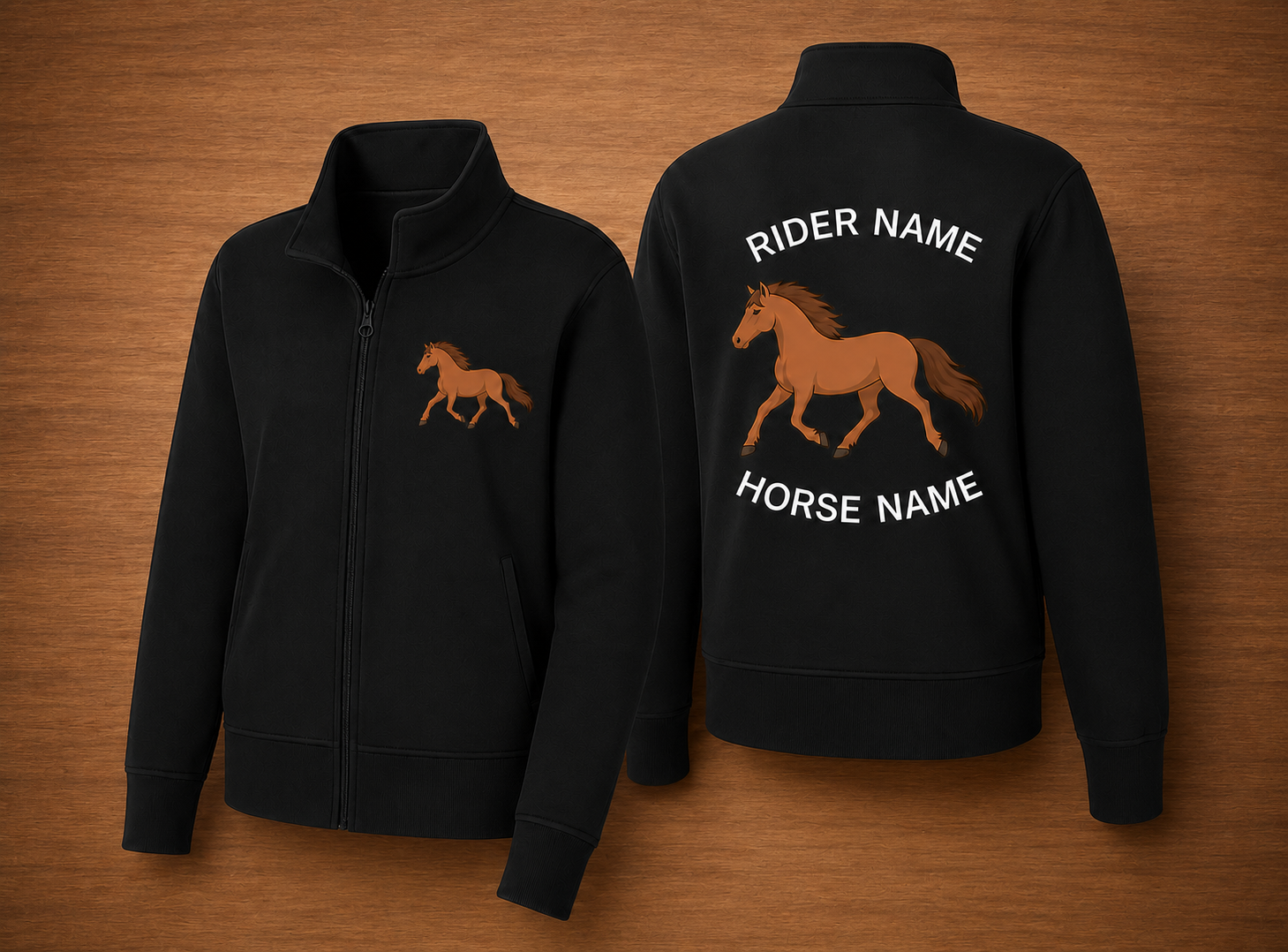 Custom Galloping Horse Embroidered Fleece Jacket | Personalized Rider & Horse Name Zip-Up