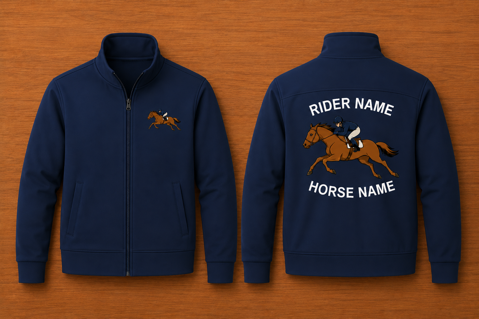 Custom Jockey & Racehorse Embroidered Fleece Jacket | Personalized Rider Horse Name Zip-Up