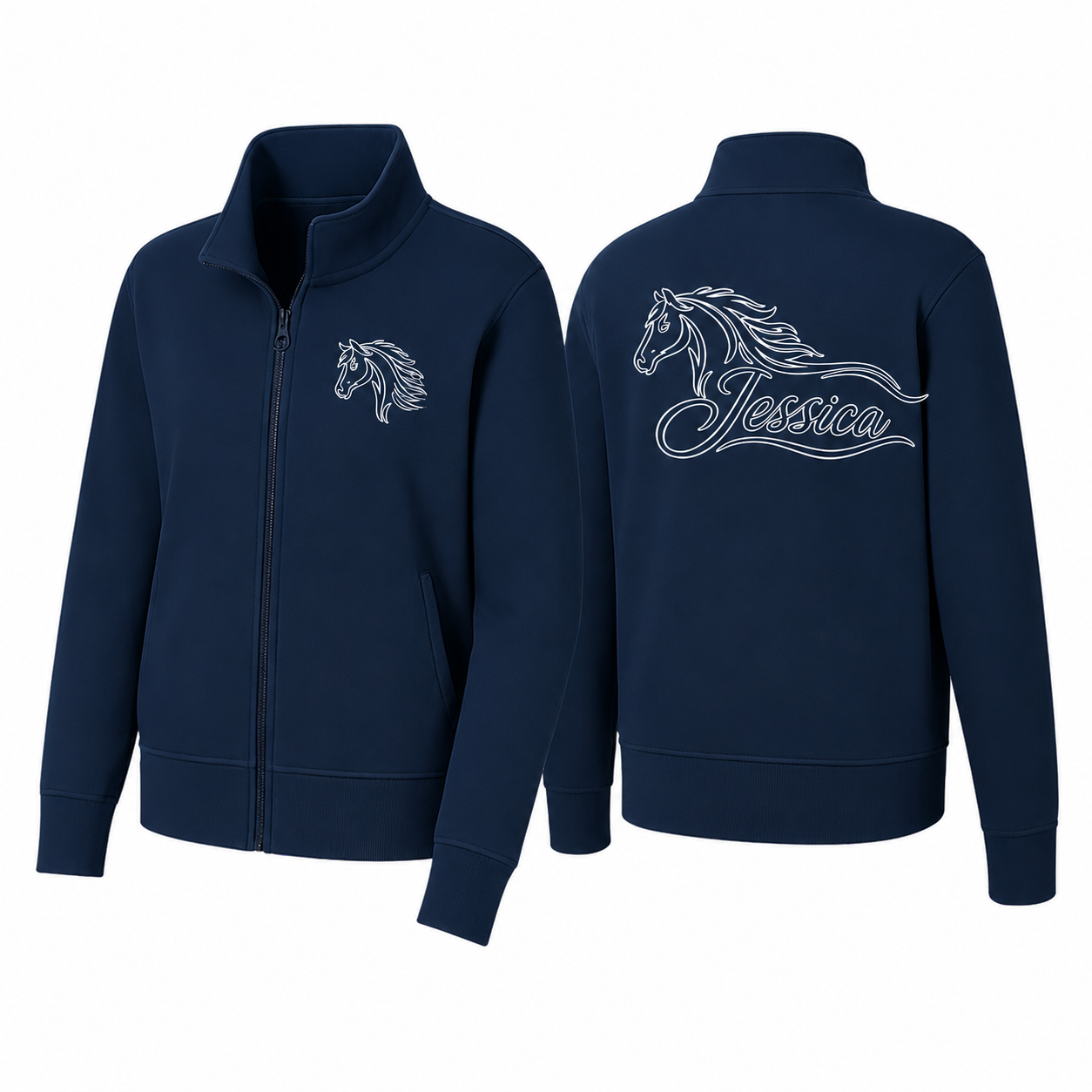 Custom Horse Head Embroidered Fleece Jacket | Personalized Name Equestrian Zip-Up