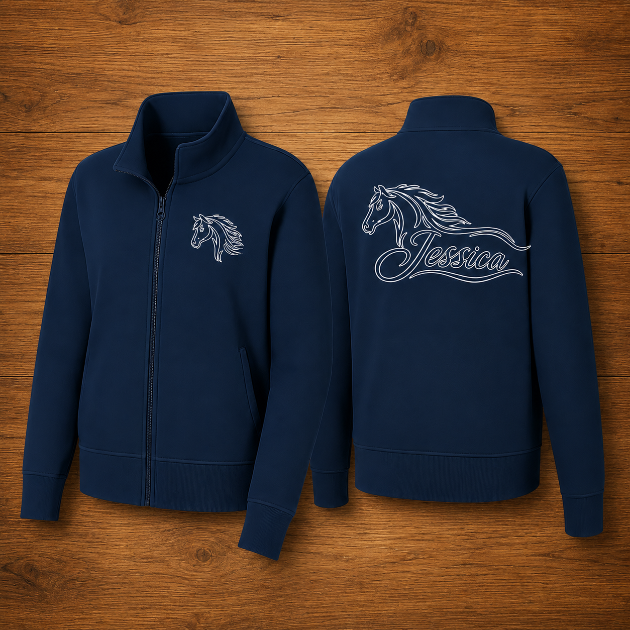 Custom Horse Head Embroidered Fleece Jacket | Personalized Name Equestrian Zip-Up