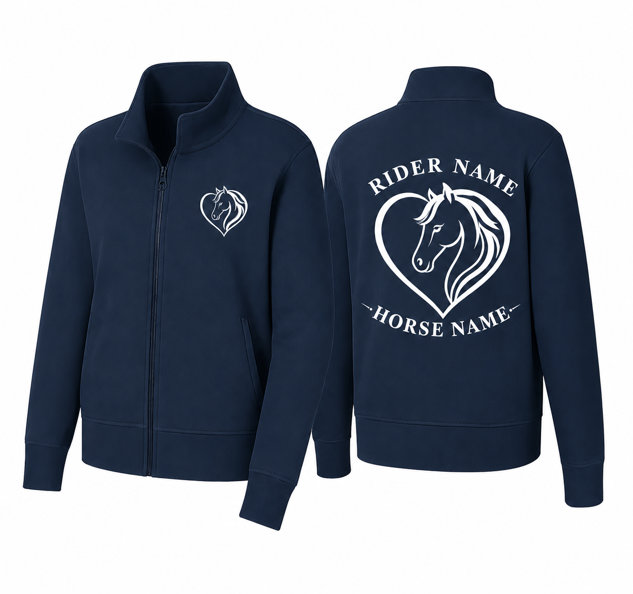 Custom Horse Heart Embroidered Fleece Jacket | Personalized Equestrian Rider Horse Name Zip-Up