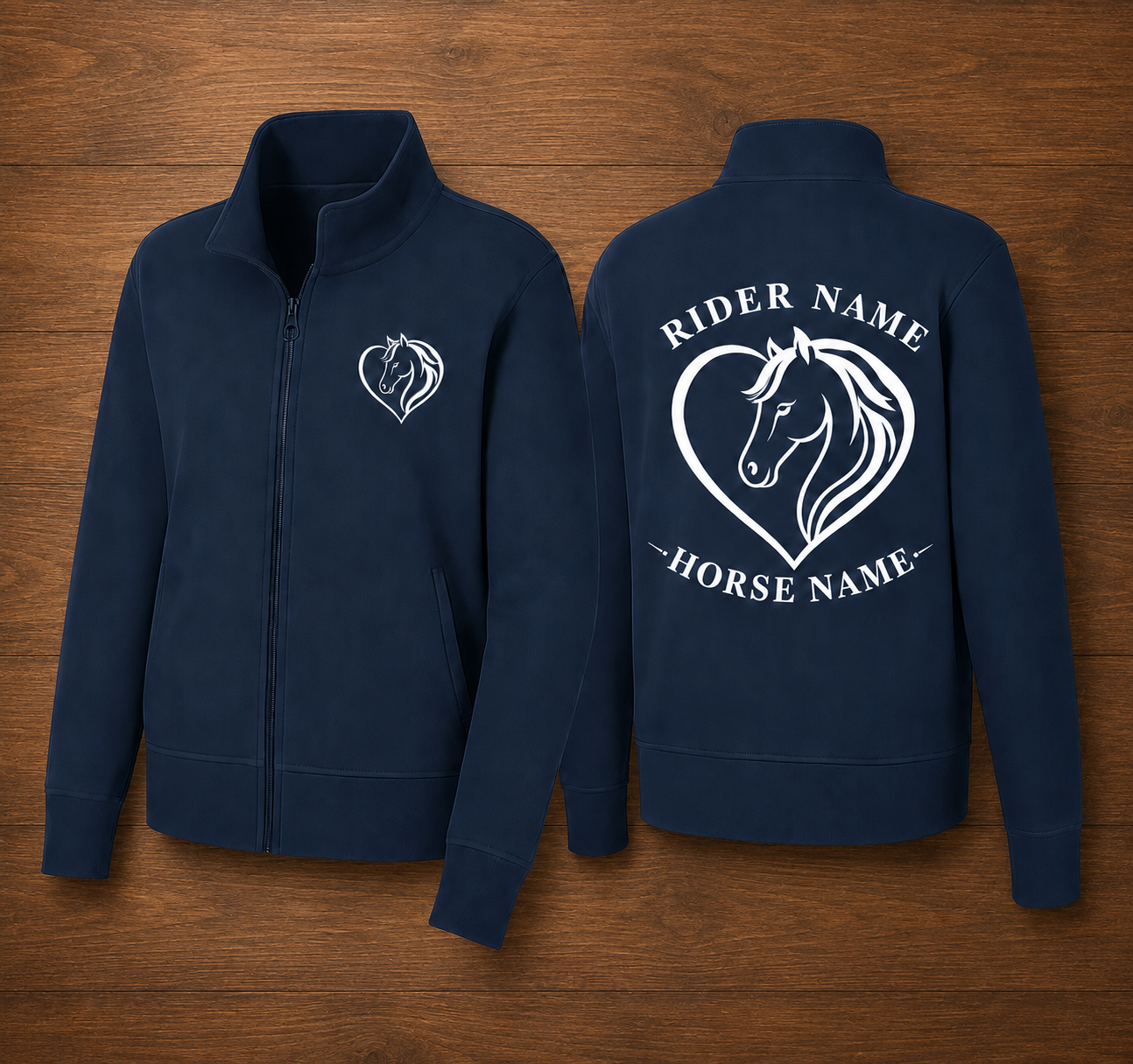 Custom Horse Heart Embroidered Fleece Jacket | Personalized Equestrian Rider Horse Name Zip-Up