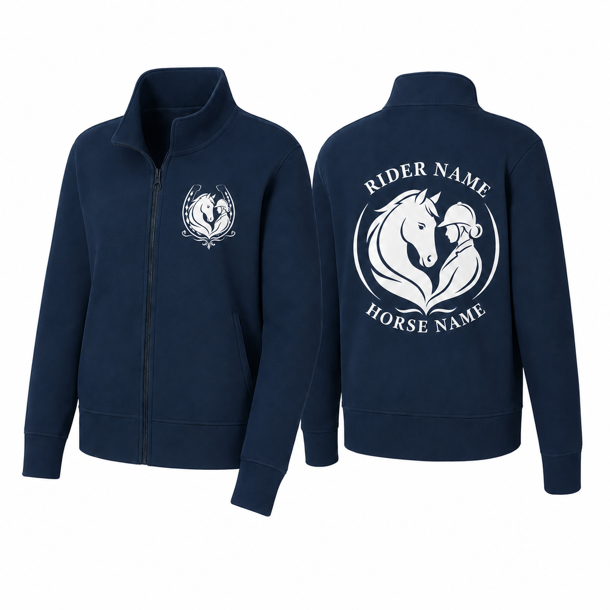 Custom Horse & Rider Embroidered Fleece Jacket | Personalized Equestrian Rider Horse Name Zip-Up