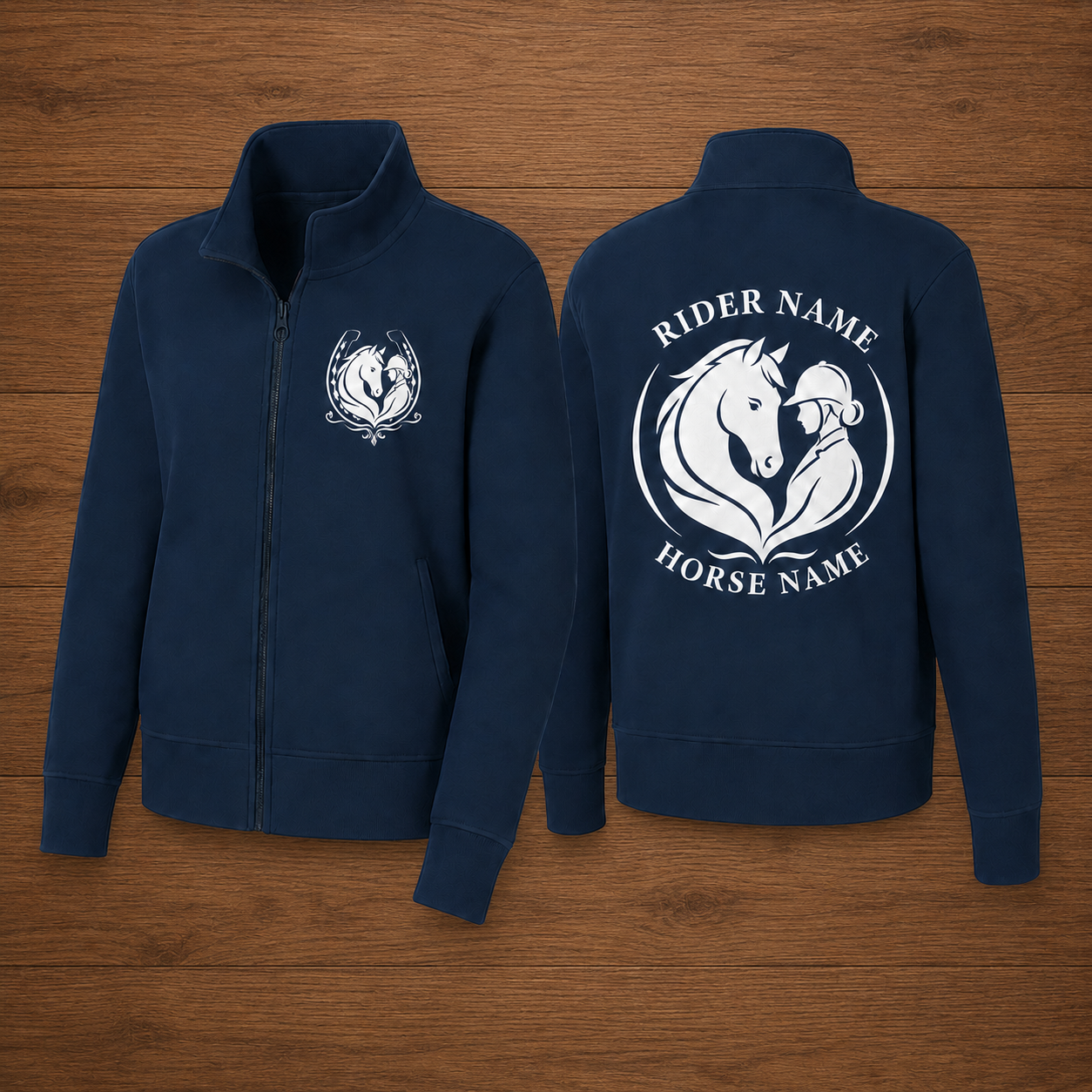 Custom Horse & Rider Embroidered Fleece Jacket | Personalized Equestrian Rider Horse Name Zip-Up