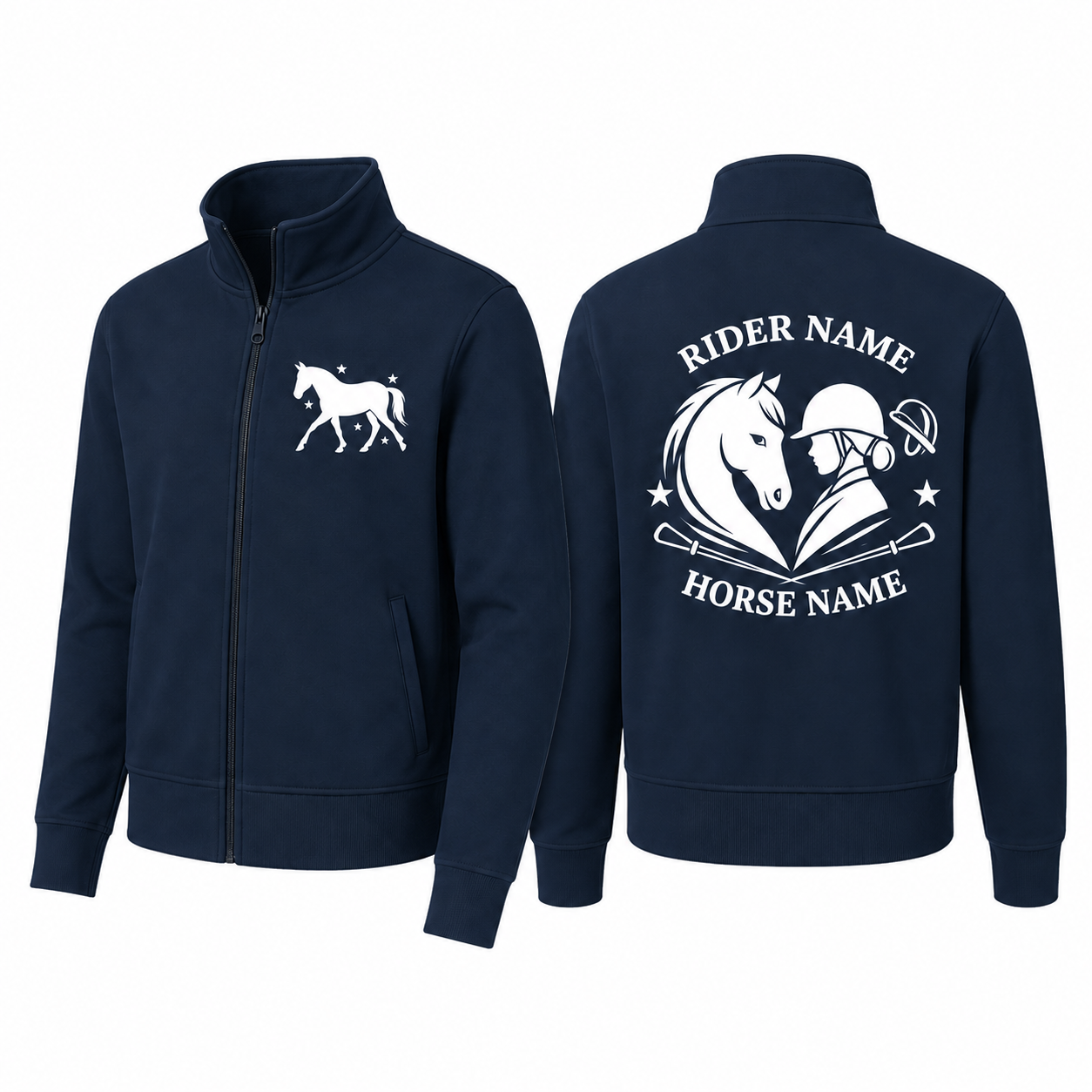 Custom Equestrian Horse & Rider Fleece Jacket | Personalized Rider Horse Name Embroidered Zip-Up