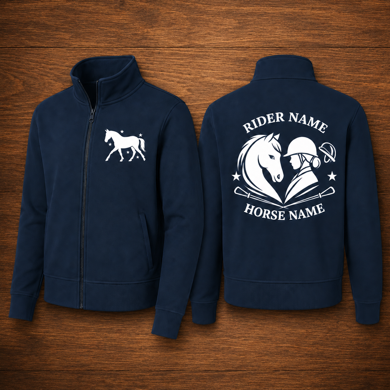 Custom Equestrian Horse & Rider Fleece Jacket | Personalized Rider Horse Name Embroidered Zip-Up