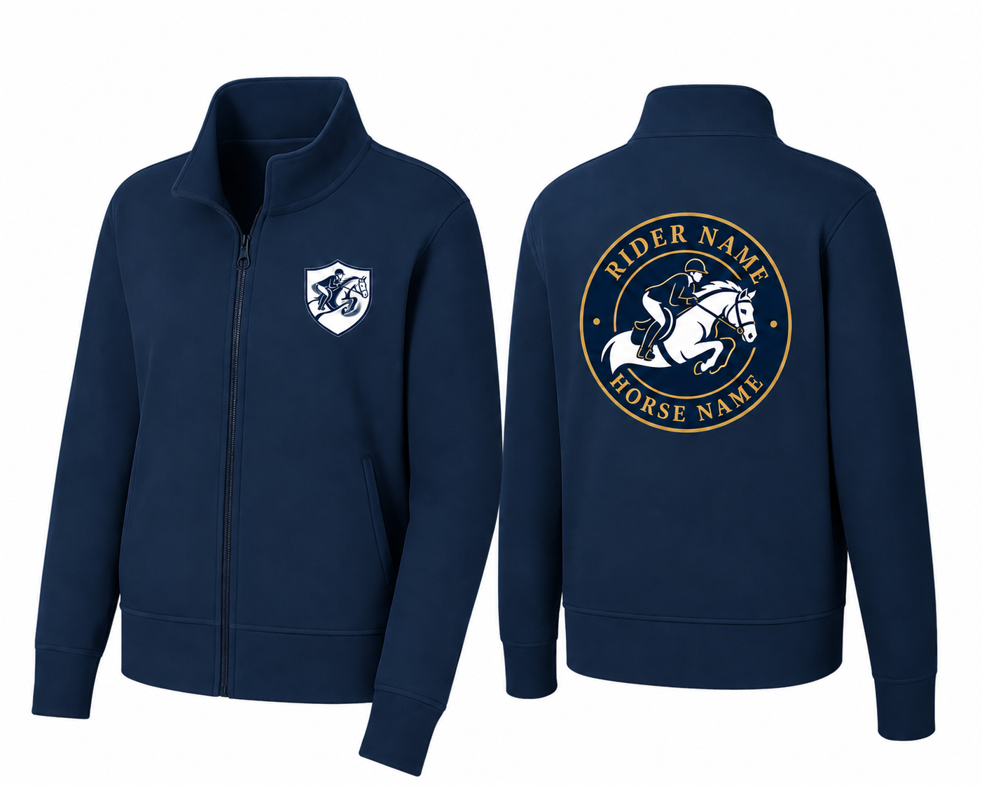 Custom Equestrian Show Jumping Crest Fleece Jacket | Personalized Rider Horse Name Embroidered Zip-Up