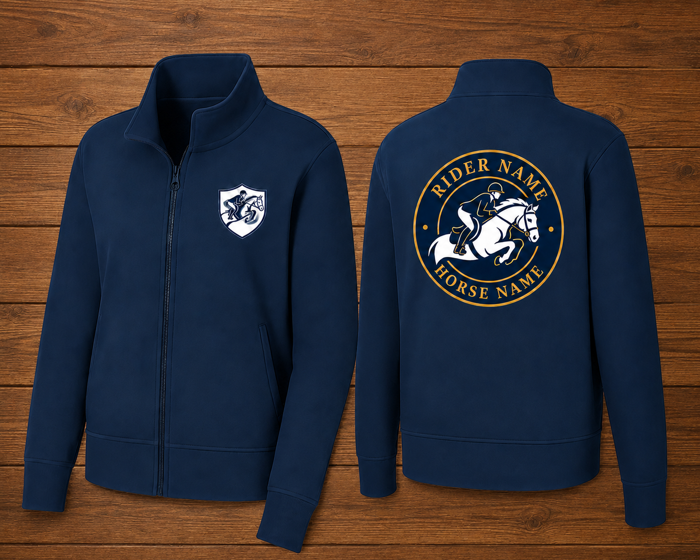 Custom Equestrian Show Jumping Crest Fleece Jacket | Personalized Rider Horse Name Embroidered Zip-Up
