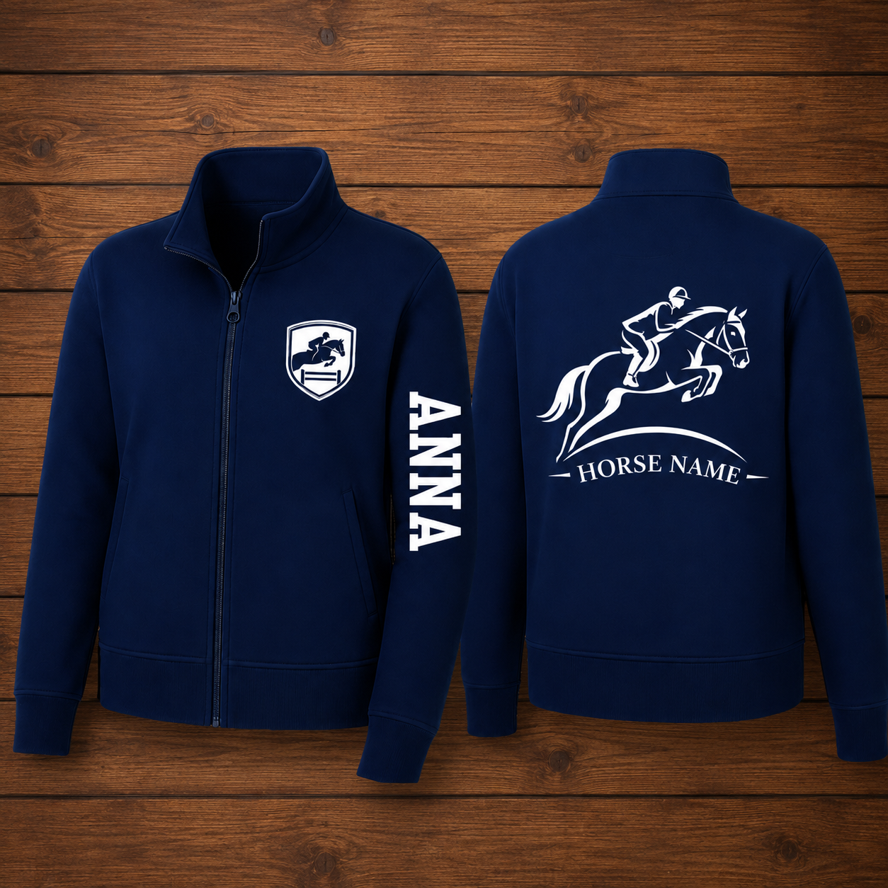 Custom Show Jumping Horse Embroidered Fleece Jacket | Personalized Rider Name & Horse Name Zip-Up