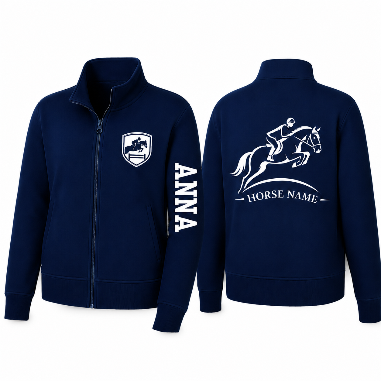 Custom Show Jumping Horse Embroidered Fleece Jacket | Personalized Rider Name & Horse Name Zip-Up