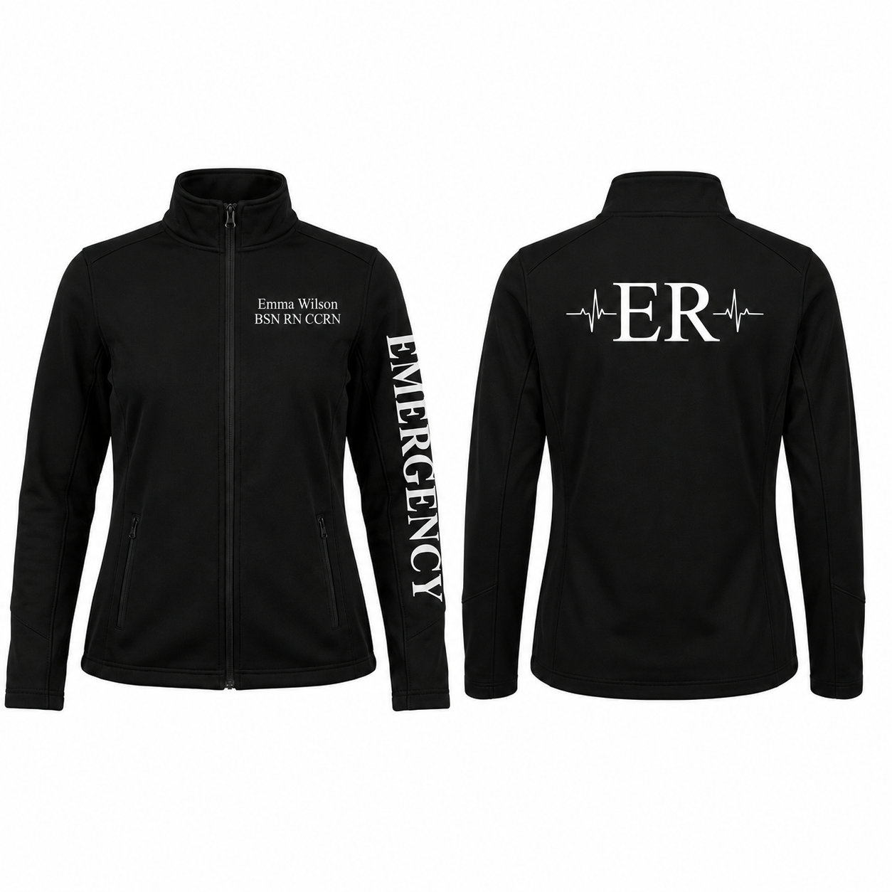 Custom Emergency Nurse Fleece Jacket | Personalized ER Heartbeat Sleeve Zip-Up