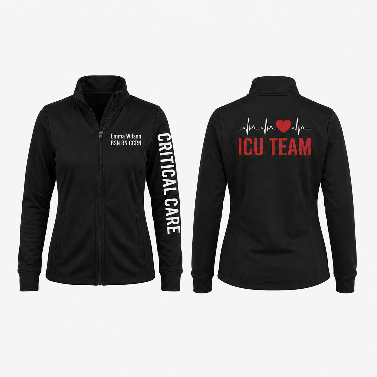 Custom Critical Care Nurse Fleece Jacket | Personalized ICU Team Heartbeat Zip-Up