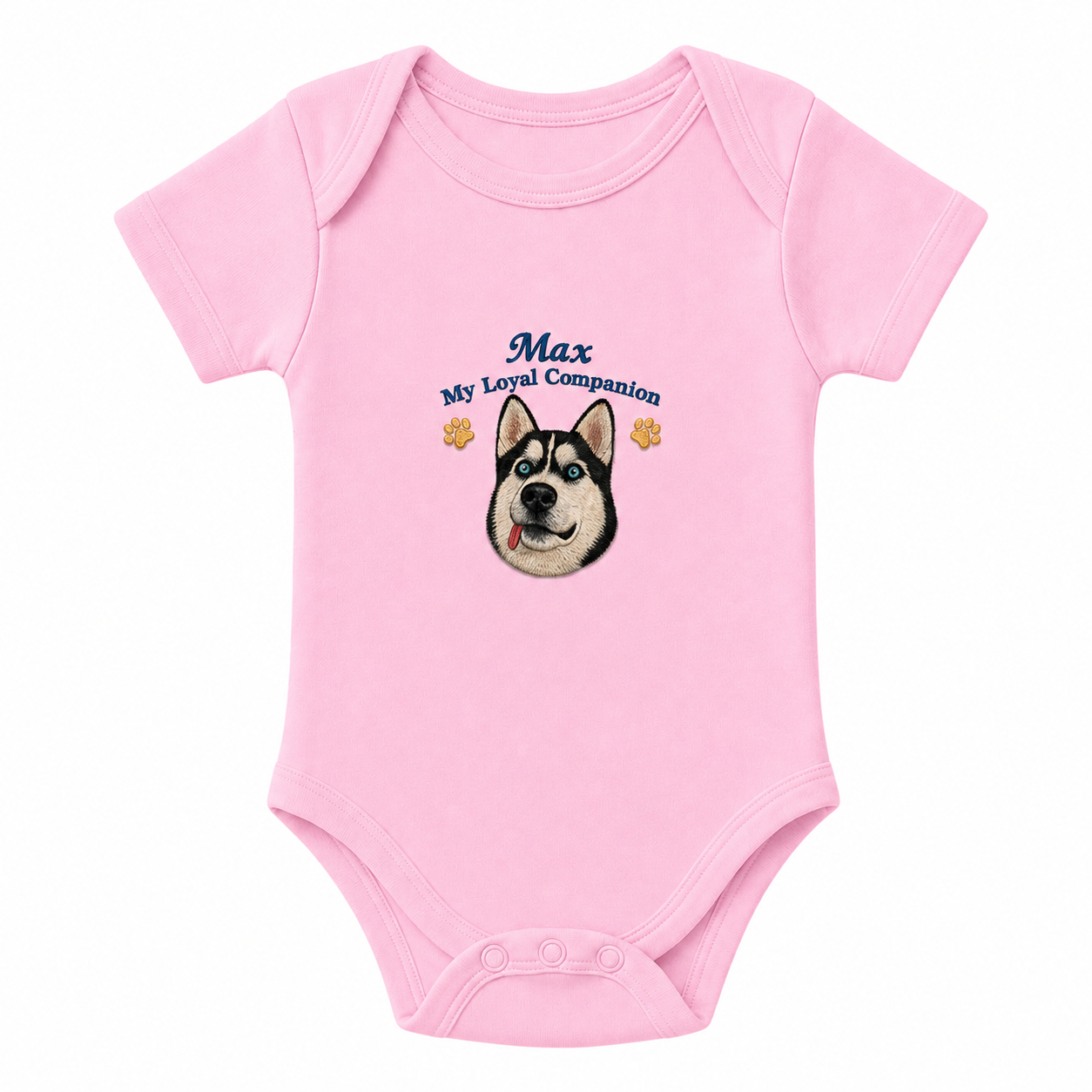 Custom Embroidered Husky Baby Onesie | Personalized Pet Name Bodysuit, My Loyal Companion Dog Portrait Gift