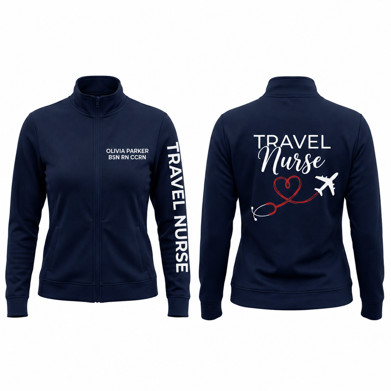 Custom Travel Nurse Embroidered Fleece Jacket | Personalized Travel RN Aeroplane Zip-Up
